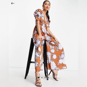 ASOS DESIGN satin ruched bust and sleeve jumpsuit in mustard floral